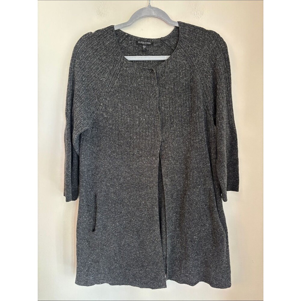Eileen Fisher 100% silk knit Dark Charcoal Ribbed Open-Front Cardigan sweater PL